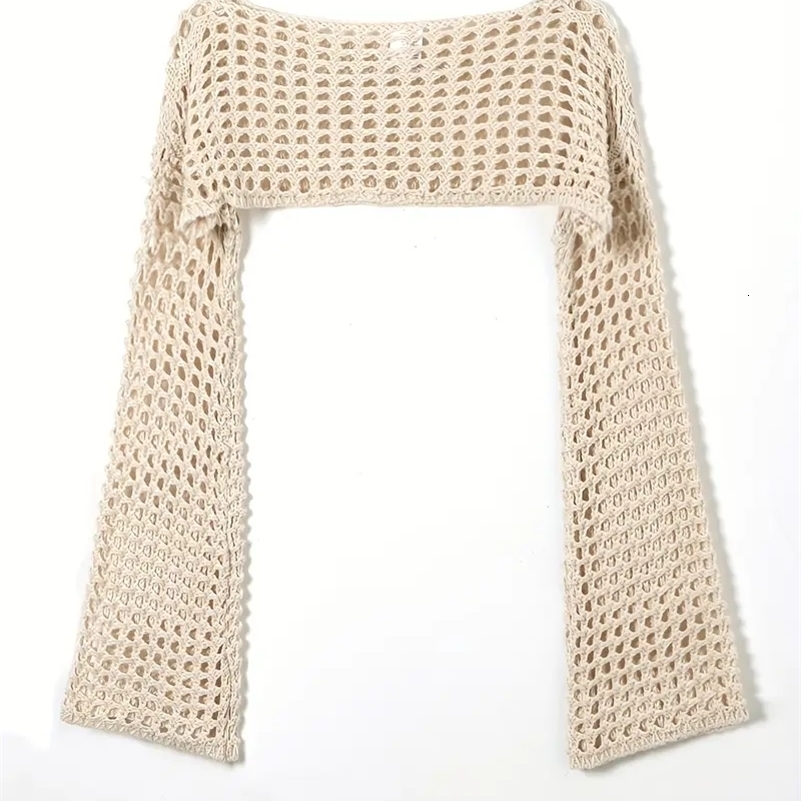 Women Crochet Knit Hollow Out Crop Top Long Sleeve Shrug Sweater Mesh Cover Ups Cardigan Streetwear Pullover Clothes Y2k y250707
