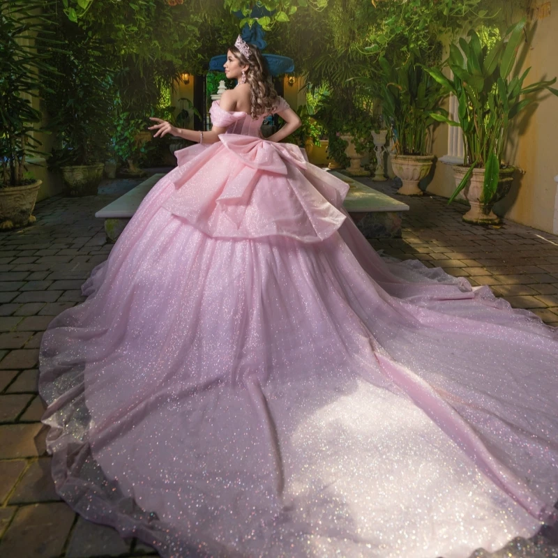 Pink Shiny Quinceanera Dresses Ball Gown Off The Shoulder Beads Bow Tull Party Birthday Sweet 16 Dress Vestidos 15 De Anos