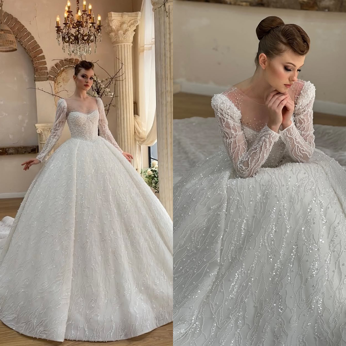 Sparkling Wedding Dresses Round Neck Long Sleeve Pearls Sequins Lace A Line Bridal Gowns Back Sweep Train Customized Vestidos De Novia