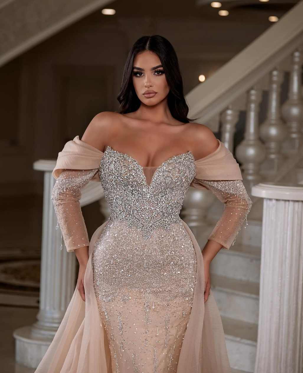 Charming Beaded Mermaid Wedding Dress Off Shoulder Long Sleeve Crystal Bride Gowns Floor Length Formal Dresses Customized