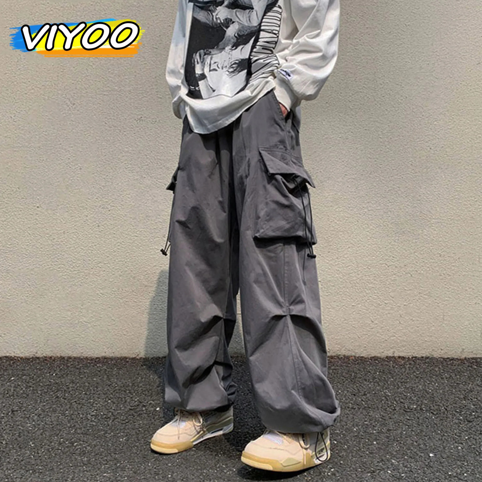 Mens Summer Streetwear Elastic Waist Y2K Baggy Cargo Pants Trousers Hip Hop Loose Women Wide Leg Pants Male Korean 250715