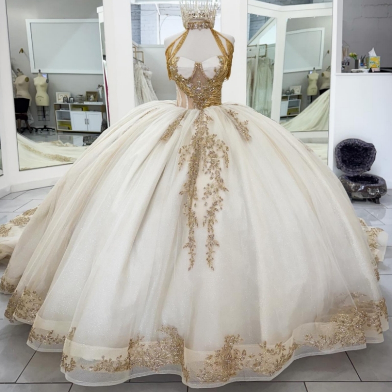 Ivory Shiny Quinceanera Dresses Ball Gown Off The Shoulder Applique Beads Tull Party Birthday Sweet 16 Dress Vestidos De 15 Anos