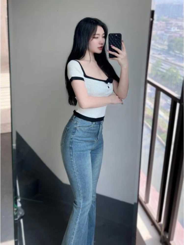 Woman Flared Jeans Blue Spring Autumn High Waist Shot Denim Pants for Women Stretch on Sale Clothes Vintage Unique 90s Trousers R250716