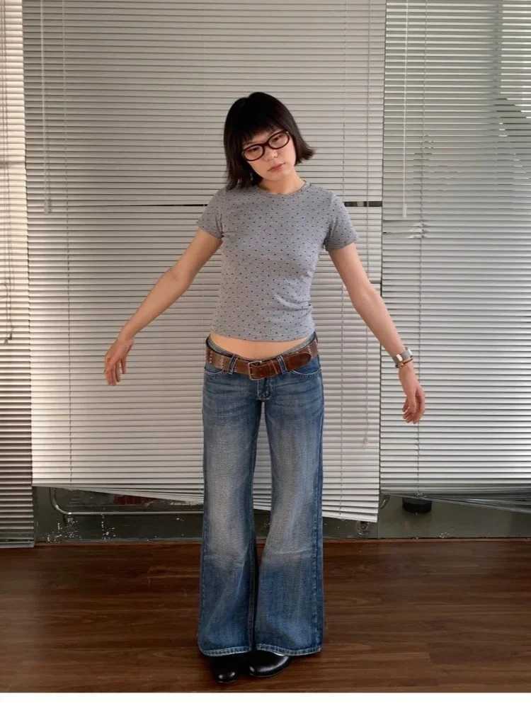 HOUZHOU American Retro High Street Spicy Girls Low Waist Jeans Women Vintage Y2k Harajuku Baggy Solid Denim Flared Pants 2025 R250716