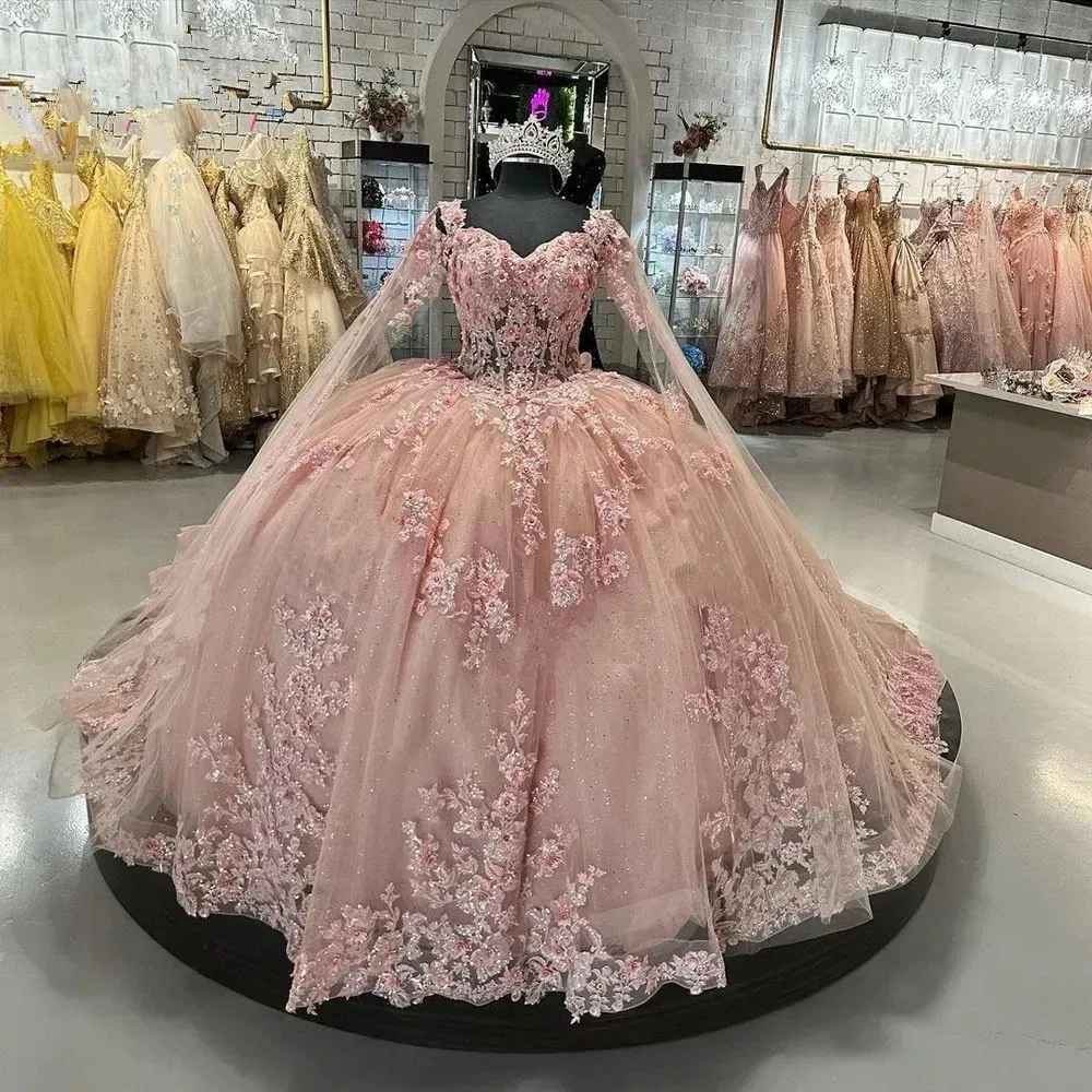 Pink Floral Princess Quinceanera Dresses with Cape 3D Flower Applique Lace-up Corset Cinderella Prom Birthday Sweet 16 Dress Sweetheart Graduations Cu