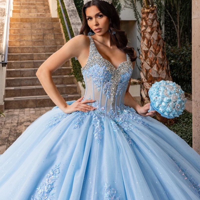 Sky Blue Shiny Off The Shoulder Ball Gown Quinceanera Dresses Appliques Flower Beading Crystal Bow Tull Sweet 16 Dress vestidos 15 De Anos