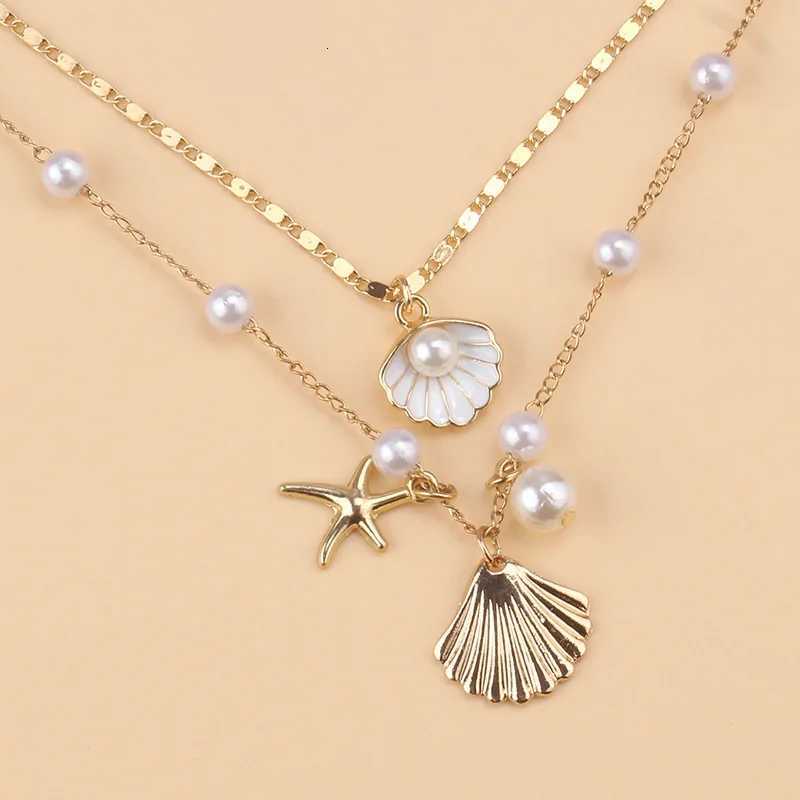 2 Pcs Gold Plated Starfish Shell Pendant Necklace Summer Imitation Pearl Necklaces For Women Girls Ocean Beach Jewelry XJ250717