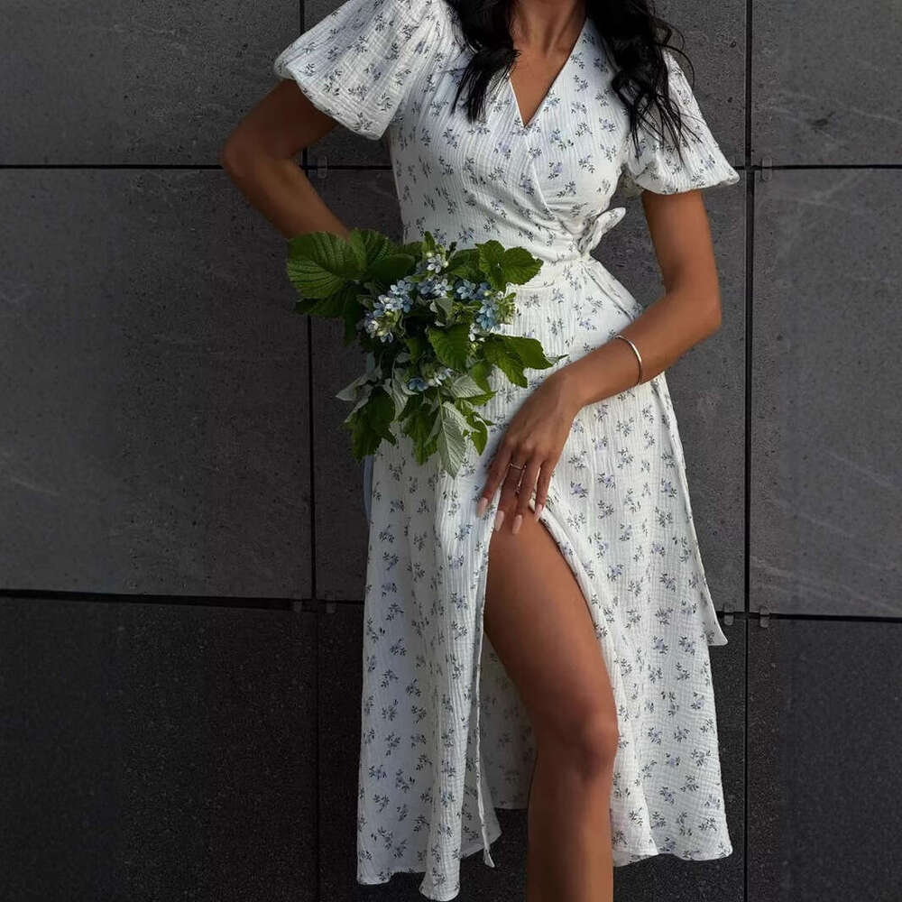 Summer New Women's Cotton Printed With Tie Straps And Puff Sleeves Long Dress B5