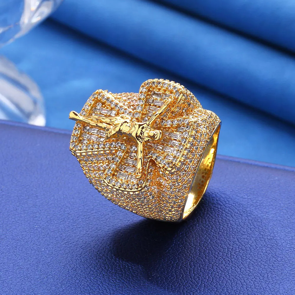 Religious Iced Shiny Trendy Cross Ring Fashion Hiphop Brass Gold Plated Jewelry Striking Zircon Cross Ring 250716