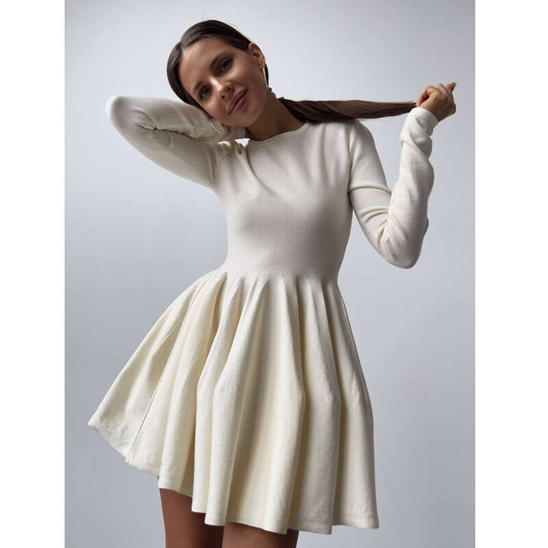 Round Neck Waist-Cinching Knitted For Women Versatile High-End Ins Style Pleated Sweater Dress B5