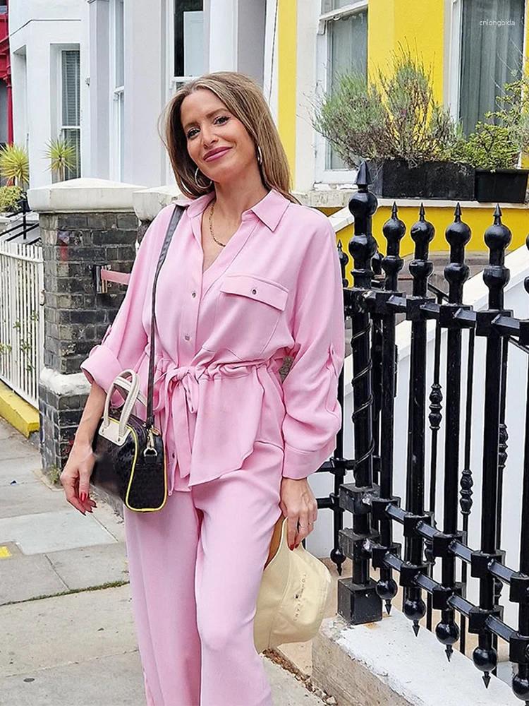 Women's Blouses Casual Shirt Pants Set Women Loose Long Sleeve Lapel Single Breasted Top Wide Drawstring Trousers 2025 Summer Solid Outfits