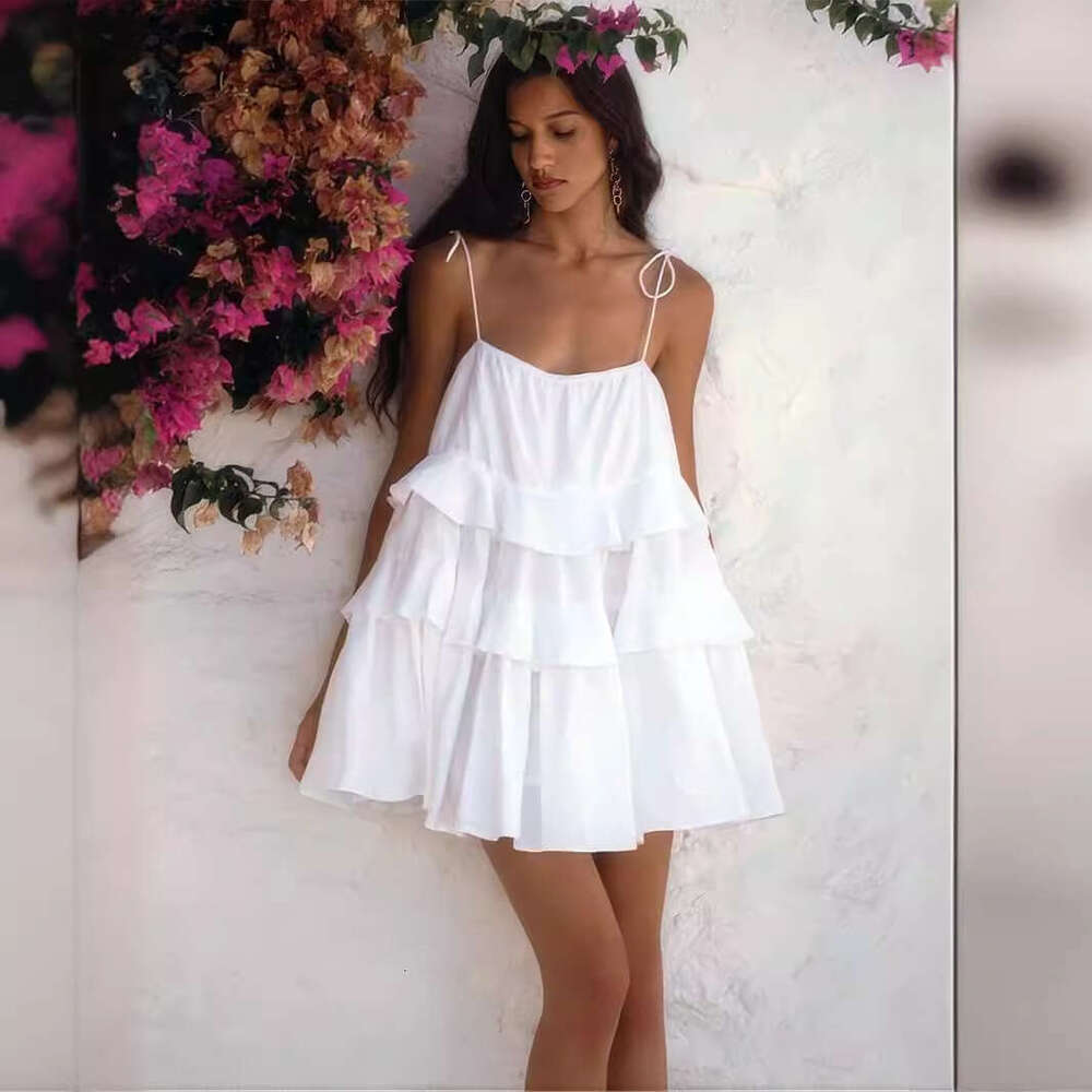 Summer Layered Ruffle Cake Short Backless Strap Dress B5