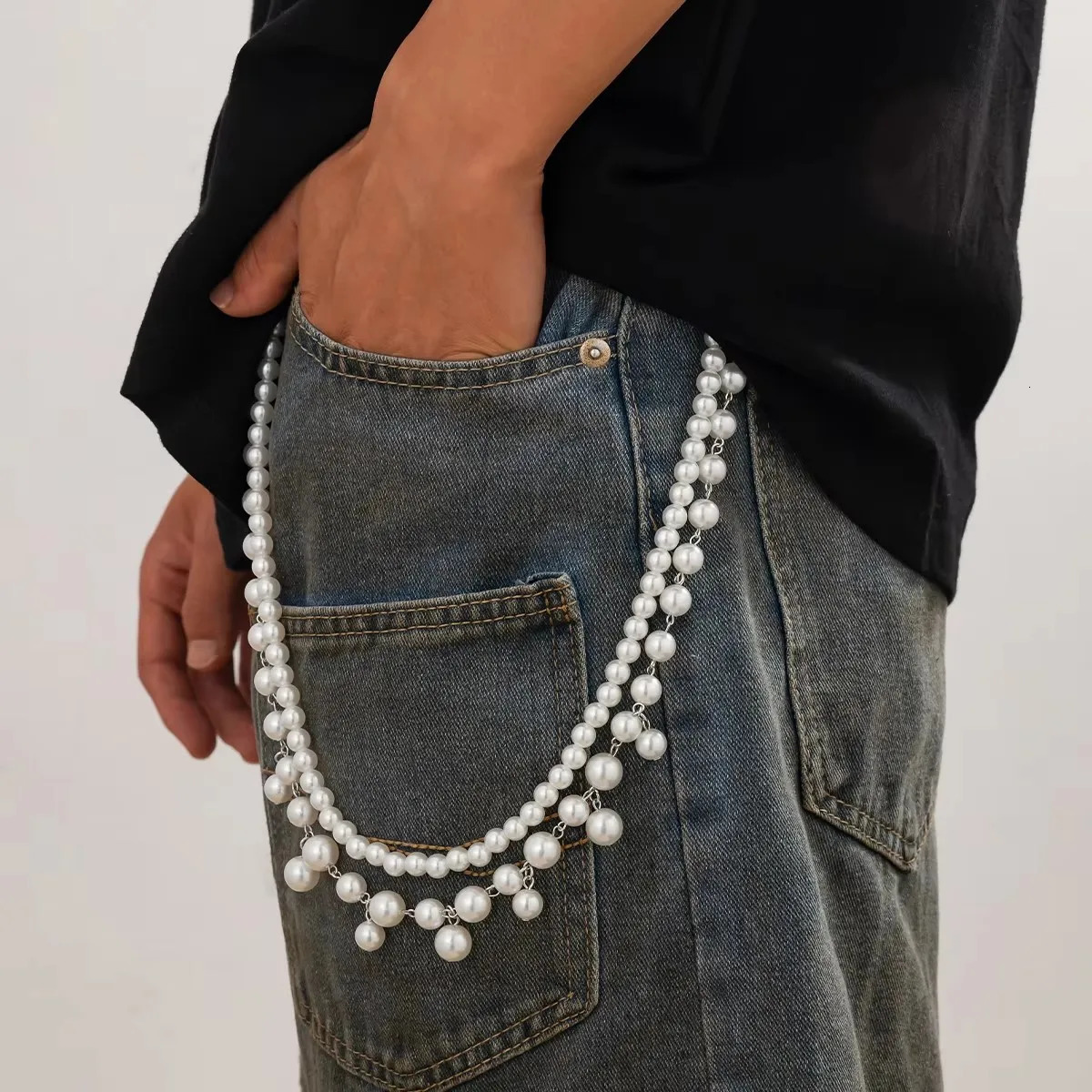 IngeSight.Z Men Hip Hop Multilayer Pearl Jeans Pants Keychain Chain Women Trousers Hipster Pant Chain Party Decoration 250717