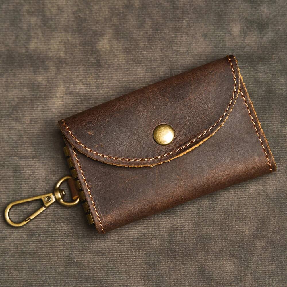 Retro Cowhide Wallet Handmade Genuine Leather Car Key Bag Portable Housekeeper Keys Holder Card Slot Money Clip Short Purse