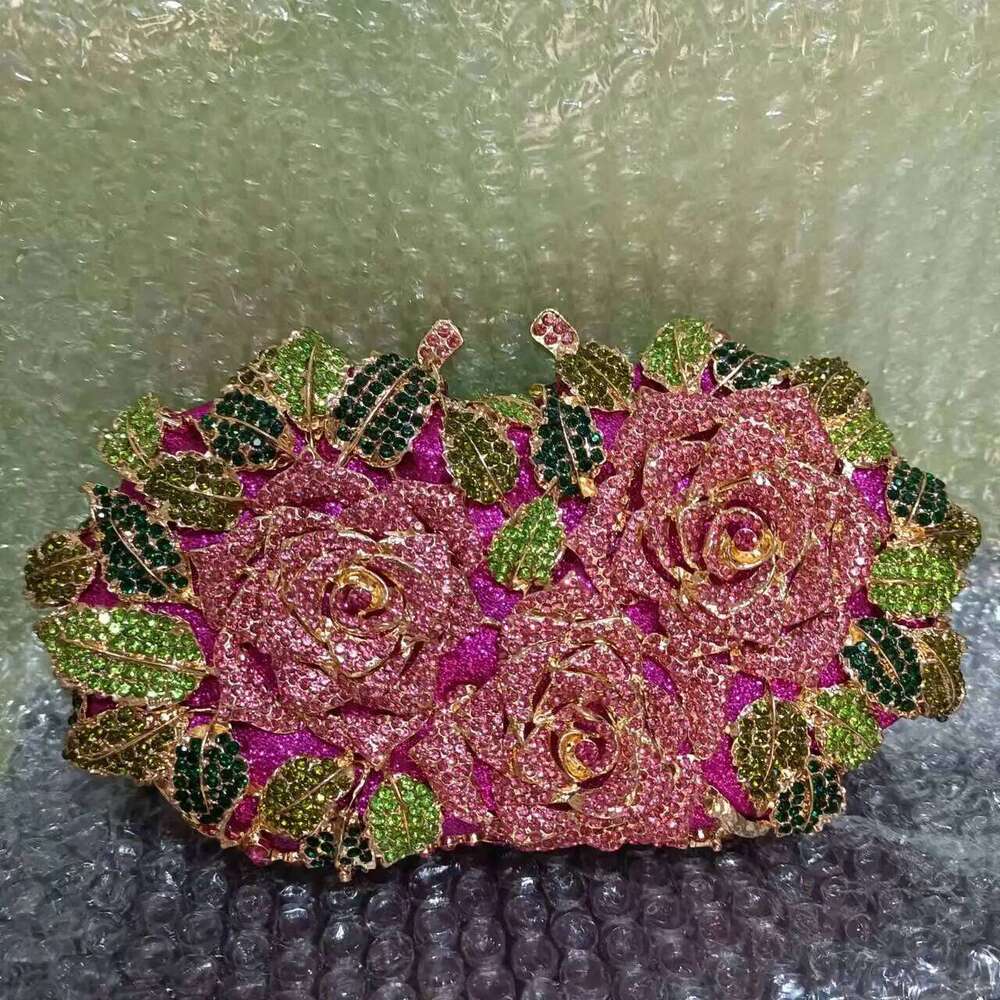 Pink Blooming Rose Woman Crystal Wedding Bridal Clutches Purses Formal Dinner Banquet Dia Handbags Party Evening Bags