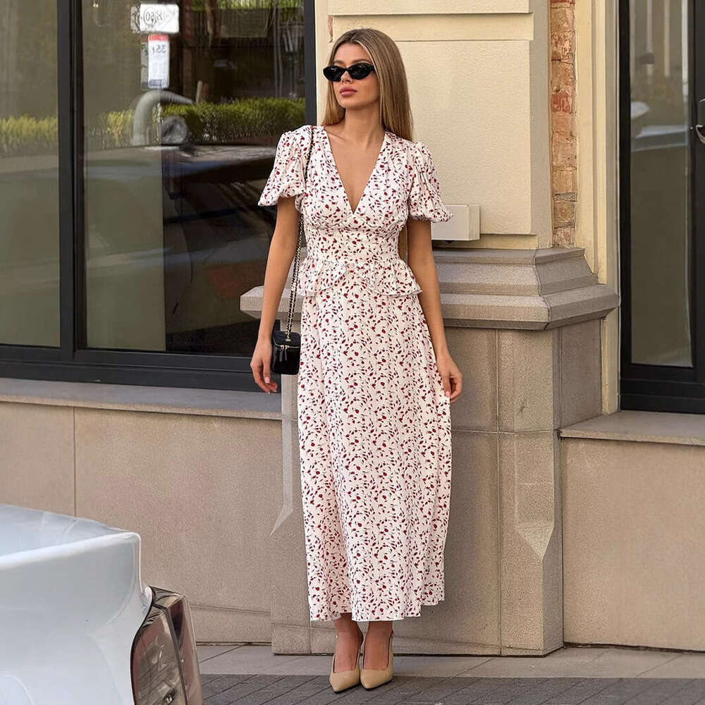 Floral V-Neck New Summer Printed Waist-Cinching Long Puff Sleeve Dress For Women B5