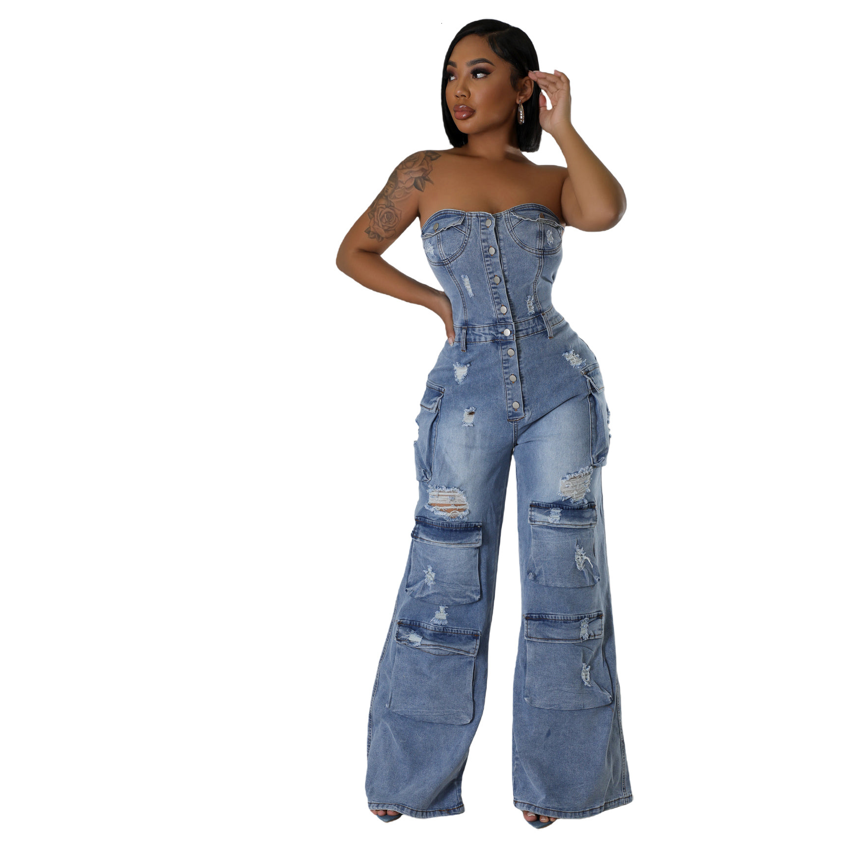 6028 new casual and fashionable strapless womens slim fit denim jumpsuit work pants