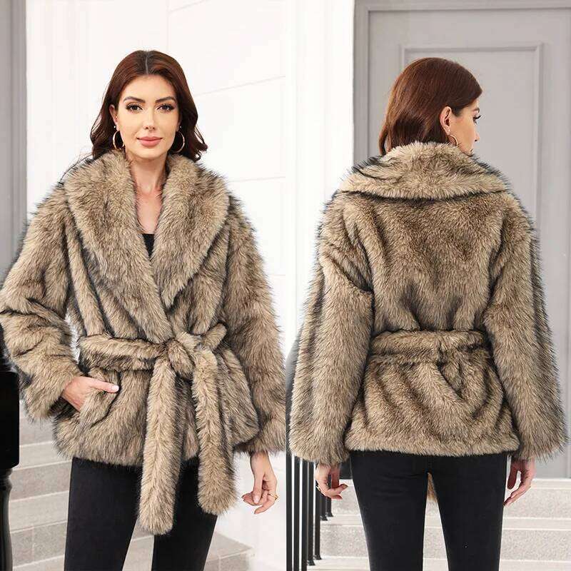 Women Loose Lacing Faux Coat Brand Simple Advanced Design Solid Fur Fall Street Trend Warm Belt Mid-Length Fluffy