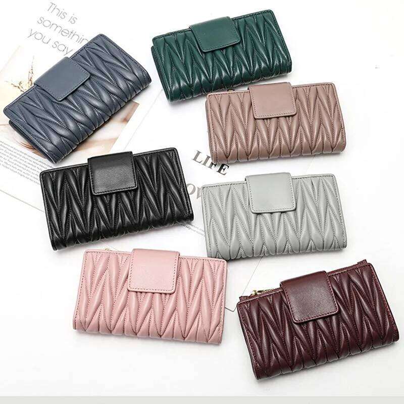 Wrinkled 100% Sheepskin Genuine Leather Women Long Large Capacity Leather Handbag New Zipper Multifunctional Zero Wallet