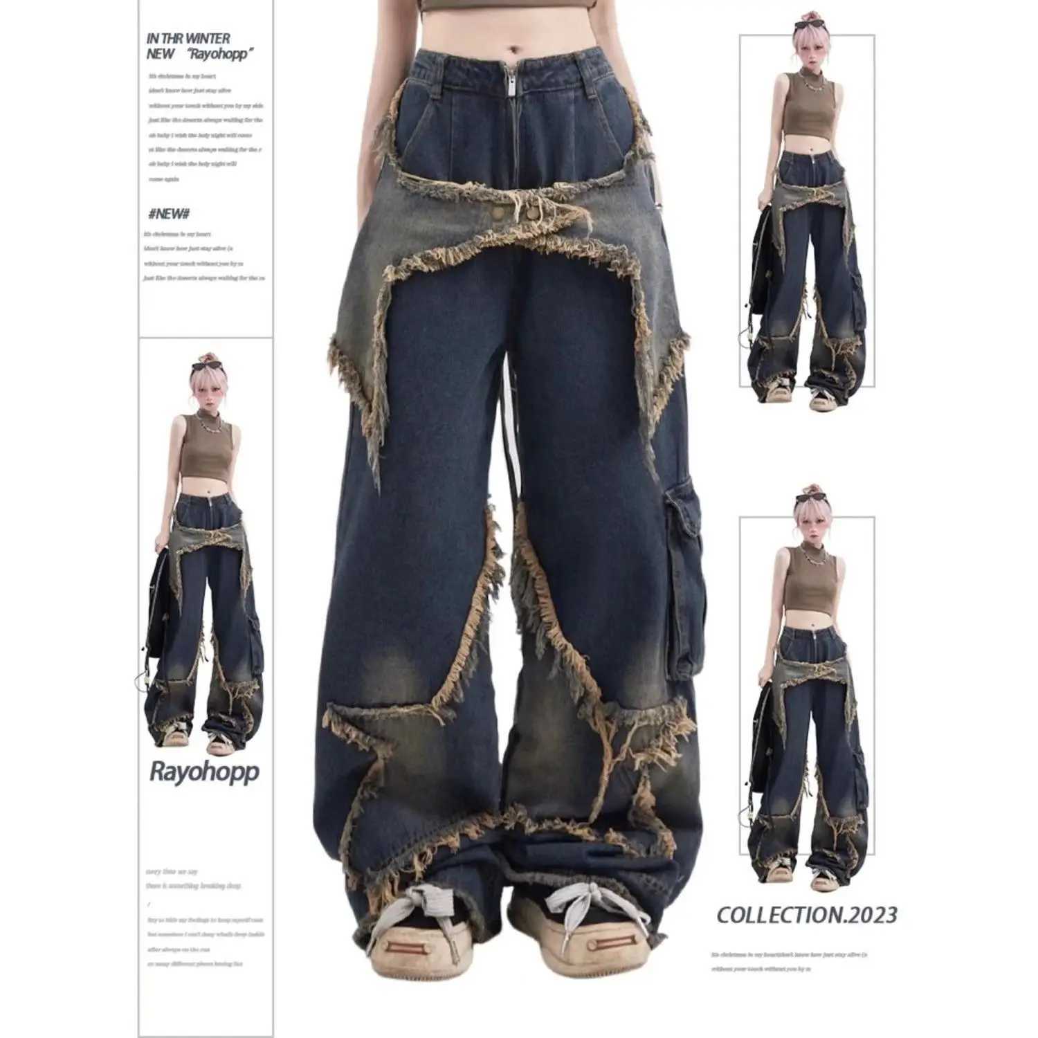 New American Vintage Washed Five-Point Star Frayed Hem Jeans for Women High Street Niche Oversized Straight Leg Long Pants R250716