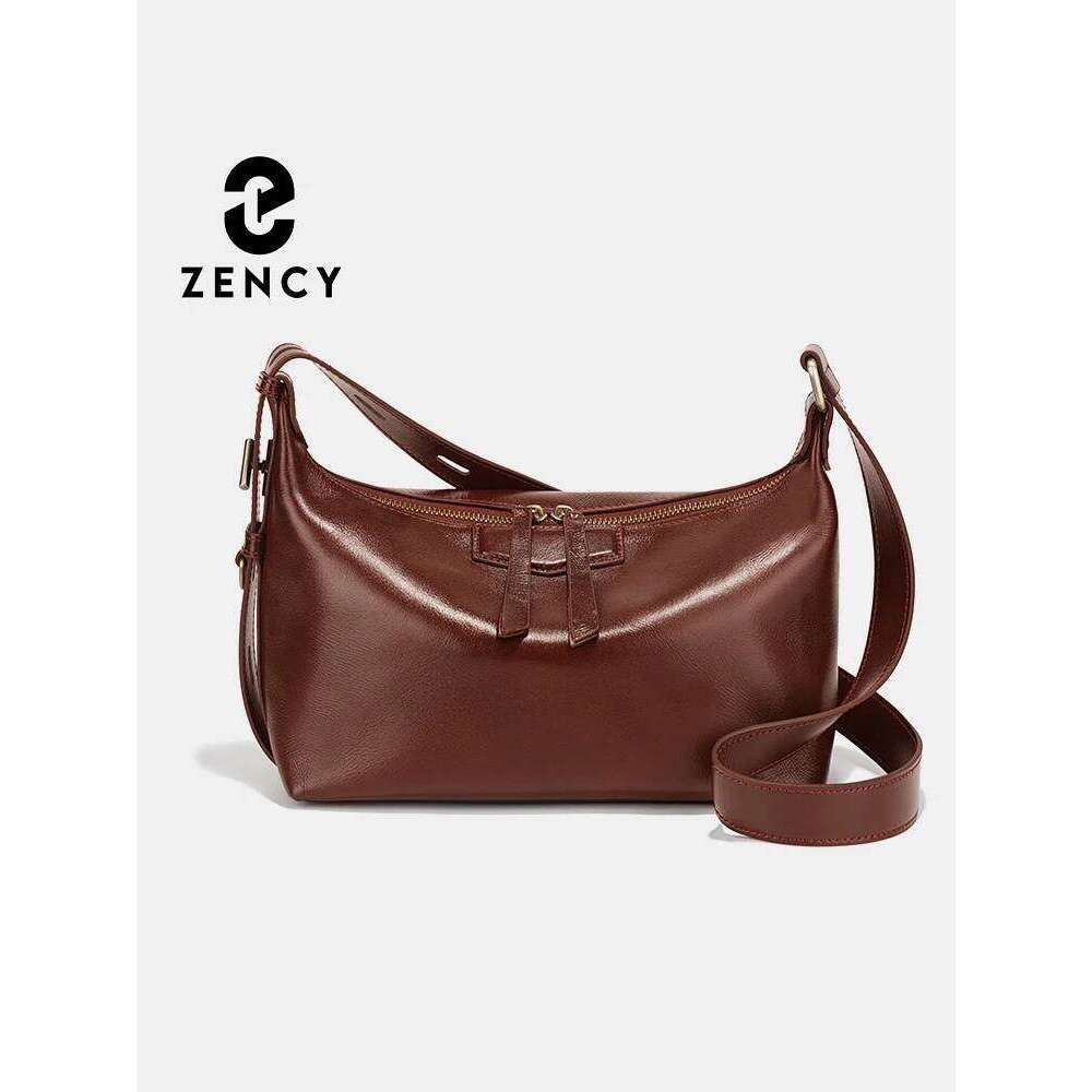 Zency Fashion Leather Handbag Genuine Cowhide Ladies Crossbody Large Capacity Shoulder Summer Lightweight Brown Satchels New