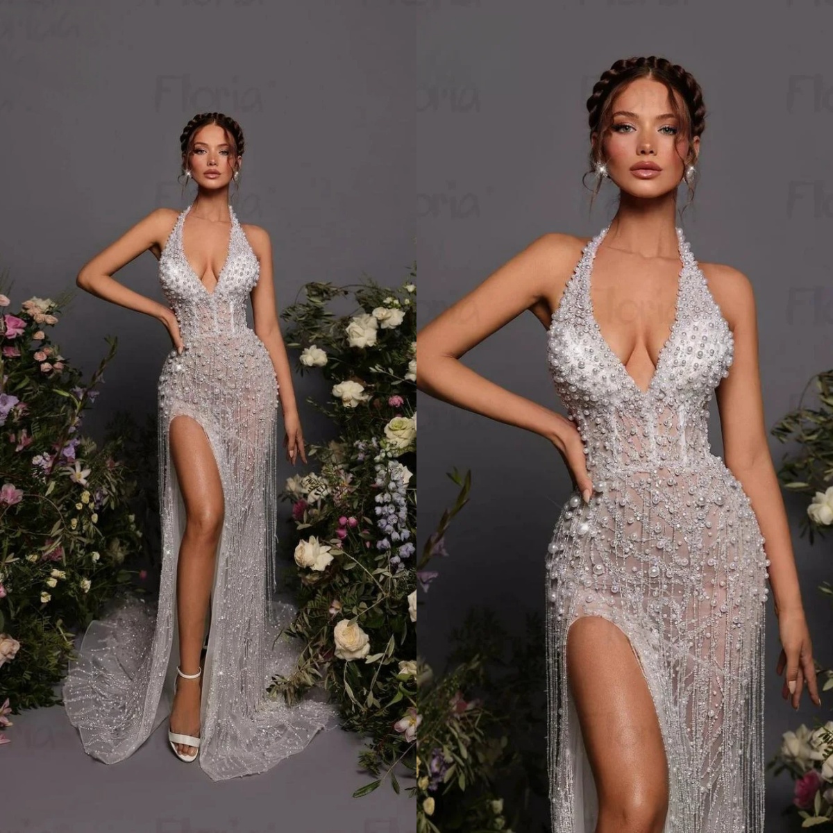 Exquisite Halter Pearls Mermaid Prom Dresses Fashion Sleeveless Sequined Lace Evening Dress Side Slit Party Gown Customized