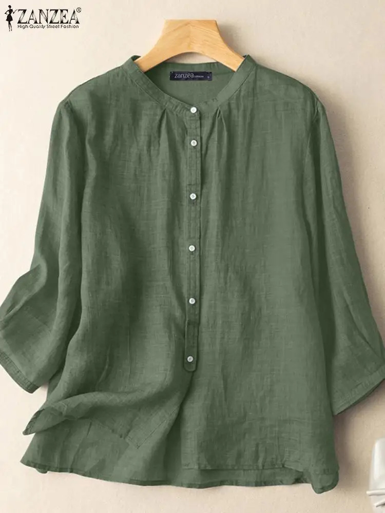 ZANZEA 2025 Spring Summer Blouses Casual Women Shirts Solid Color 34 Sleeve Buttons Cotton Linen Blusas Solid Top Casual Tunic 250715
