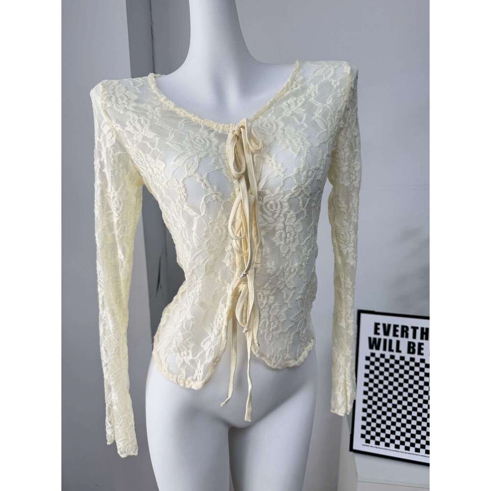 Thin Hollow Out U-Neck Long Sleeve Lace Blouse Women's Spring Summer Layerable Sweet Spicy Pure Desire Style Cover-Up Sun Protection Top B5