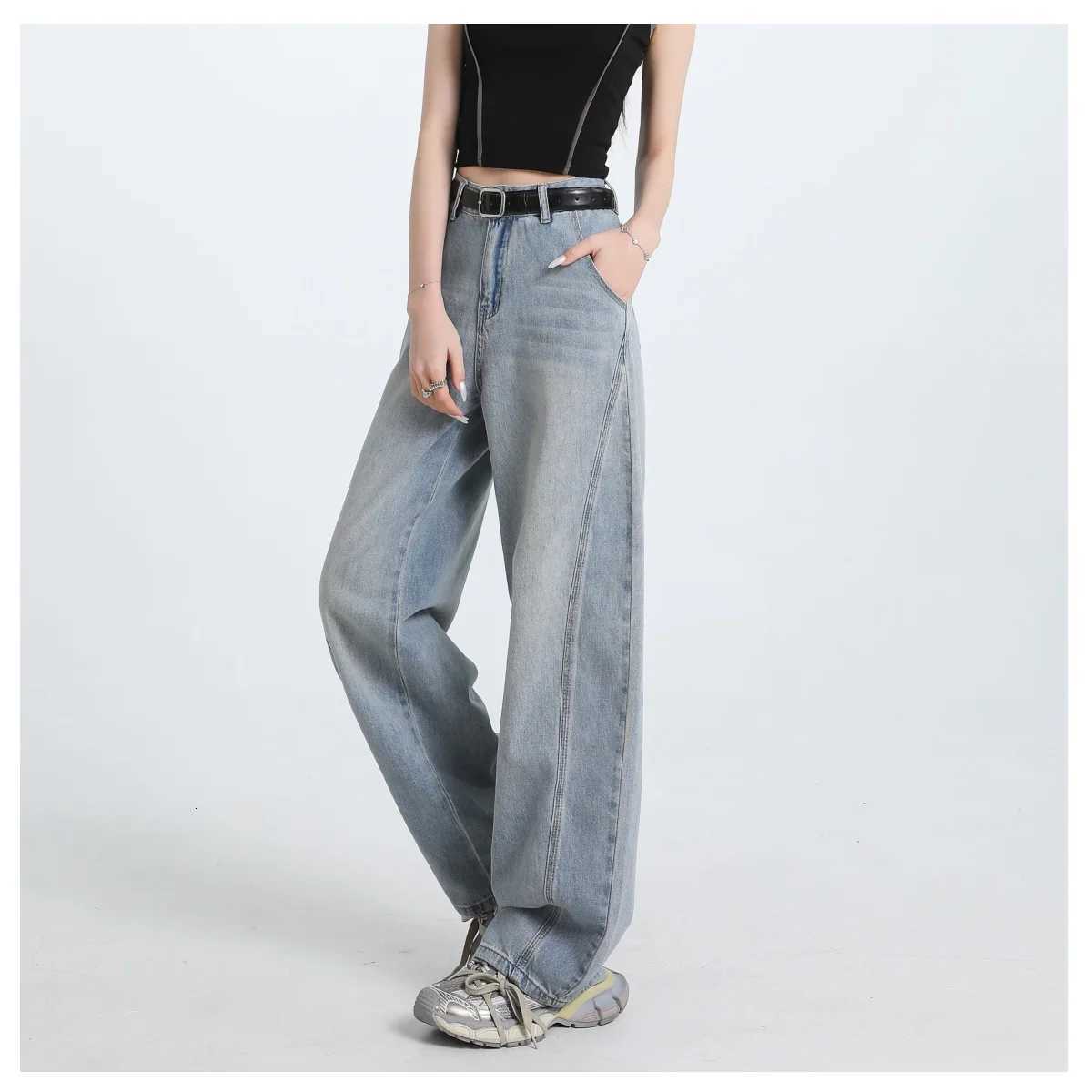 Womens Fashionable Wide-Leg Jeans High-Waisted Loose Slim Design Straight-Leg Street Style Womens Trousers R250716