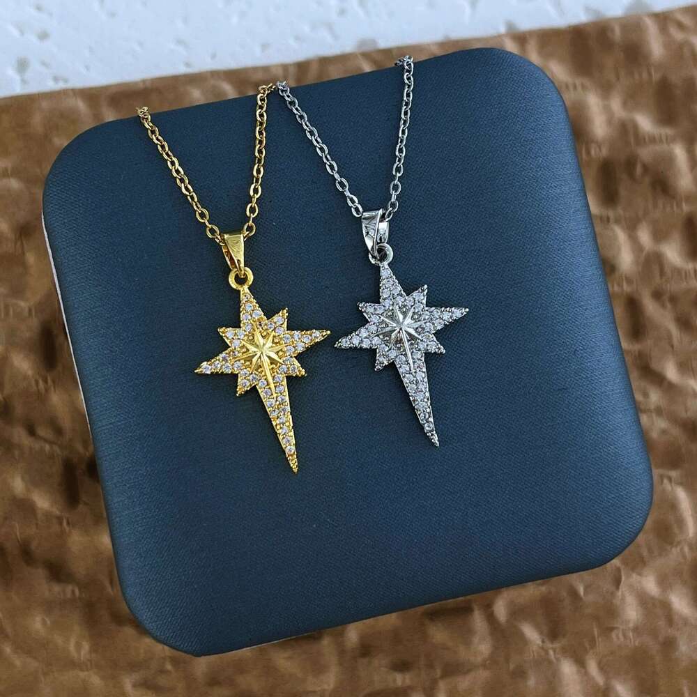 Real Gold Plated Zircon Inlaid Titanium Steel Lock Necklace Bone Chain Star Moon Design Pendant 7F0