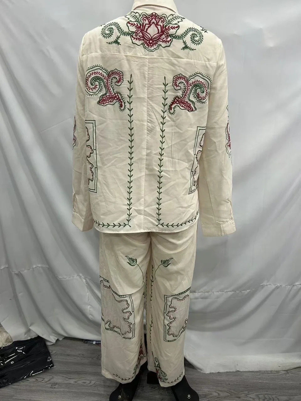 Casual Embroidered Pant Suits Women Loose Flip Collar Single Breasted Top Elastic Waist Straight Trouser 2025 Summer Lady Sets 250715