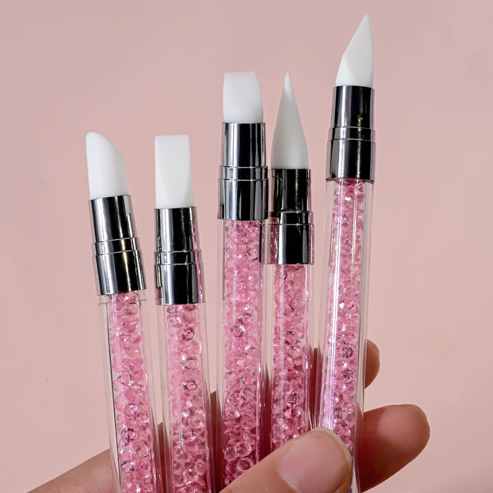 5Pcs/Set Pink Dual Ended Rhinestone Nail Art Silicone Pen Sculpture Pen/3D Flower Carving/Dotting Nail Tool 13cmManicure Brush 250716