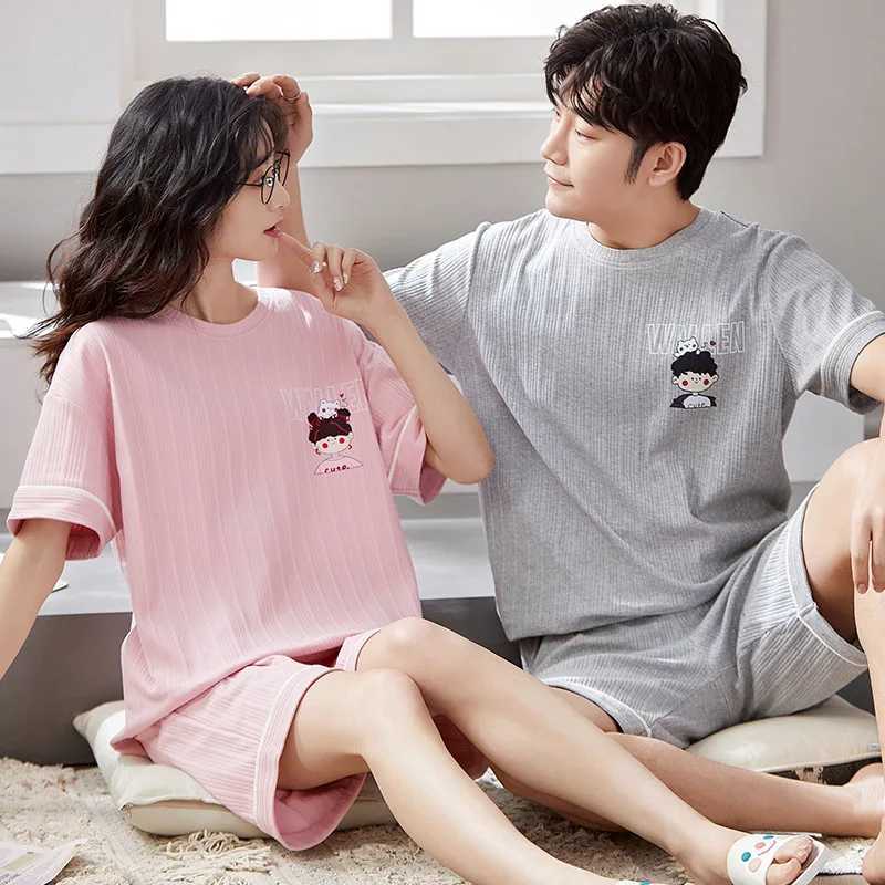 2 Pieces Set Sleep Tops Shorts Cotton Pajamas For Women Men Summer Short Nightwear Homewear Plus Size Sleepwear For Couples W250717