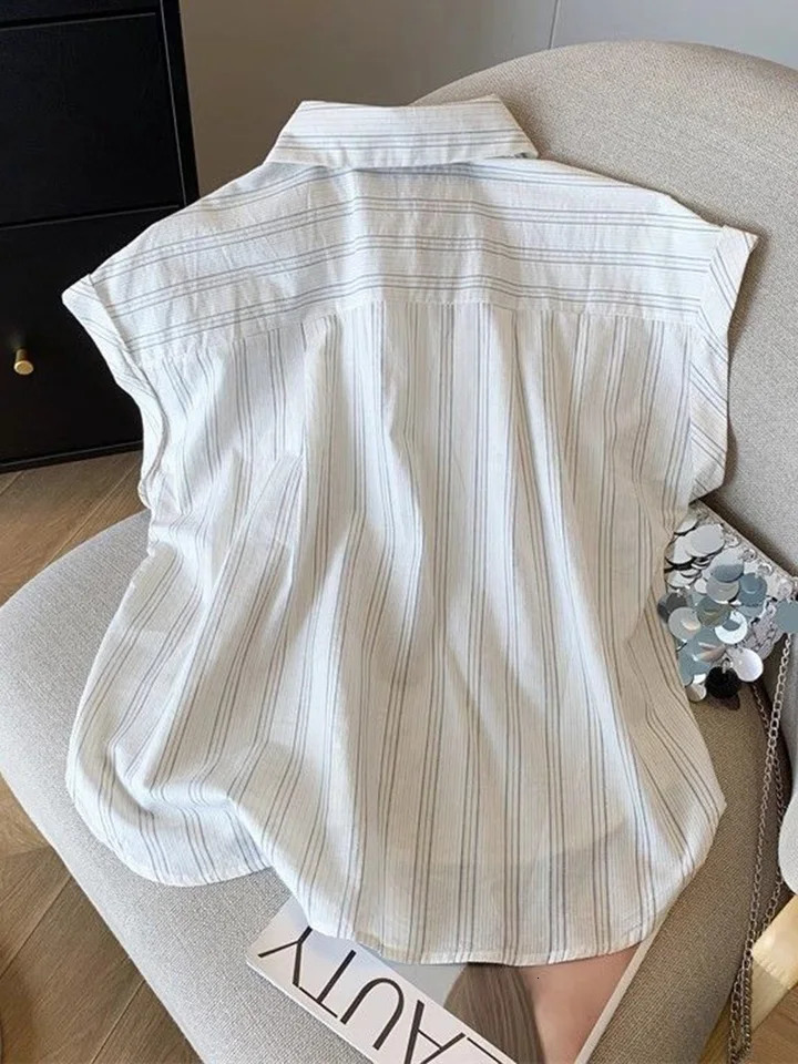 Jmprs Casual Striped White Shirt Women Vintage Loose Simple Flying Sleeve Korean Blouse Summer All Match Female Retro Tops 250704