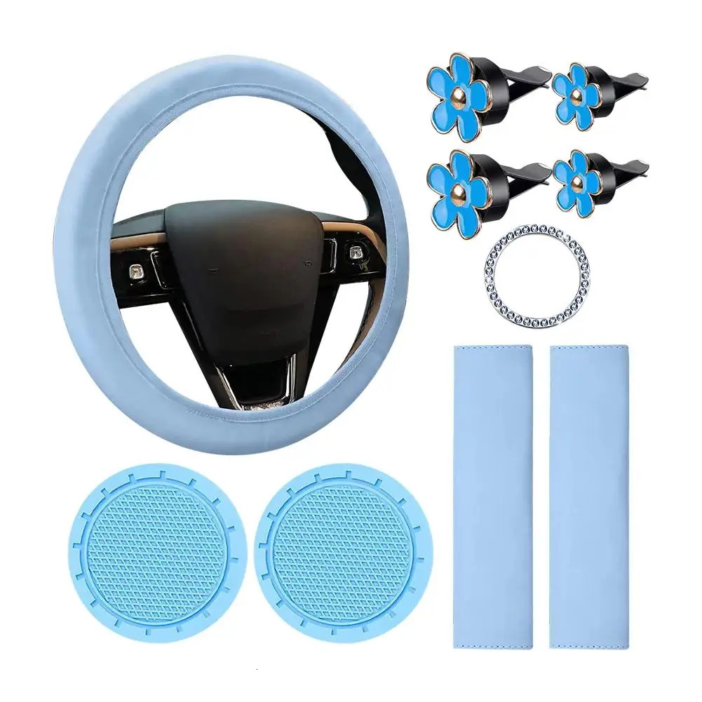 10Pcs Leather Steering Wheel Cover For Women Cute Car Accessories Set With Seat Belt Shoulder Pads Cup Holders Car Decorations 250715