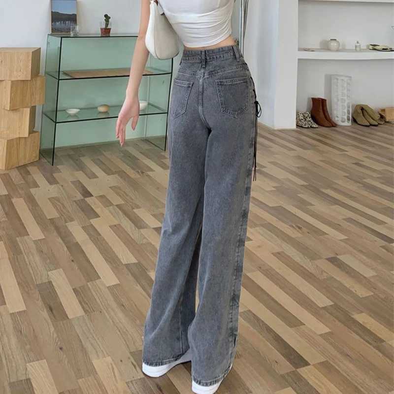 2025 New Korean Side Lace Up Design Pipe Pants Women Stylish Low Rise Gray Denim Full Pants Solid Straight Jeans Female R250716