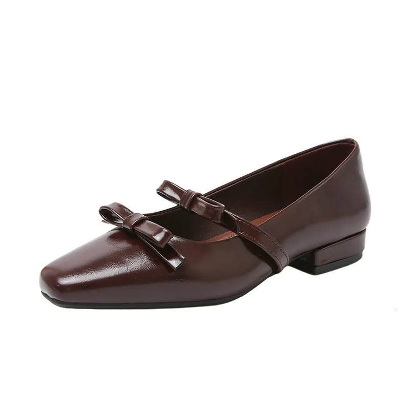 Womens Flat Shoes Thick Heeled Square Head Fashion Sweet Single Shoes Bow Elegant Small Leather Shoes 250712