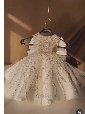 Short Beading Sparkly Flower Girl Dress for Baby Knee Length Toddler Girl Sleeveless Tulle with large Bow Sweet Kids Gown Custom Z250716
