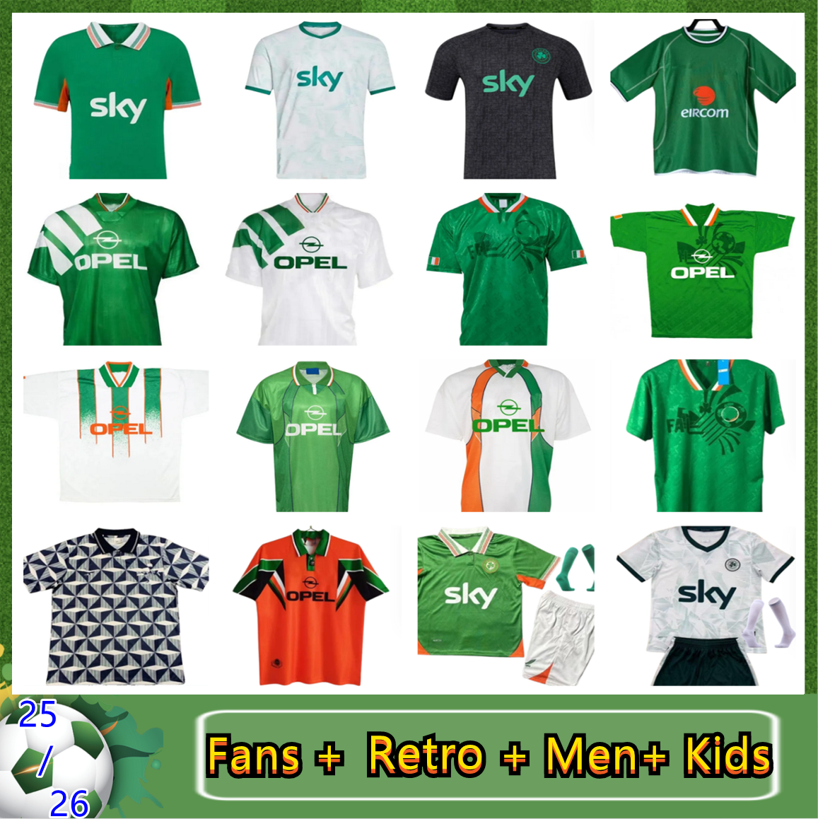 25 26 Ireland Home Green Soccer Jerseys Kit DOHERTY DUFFY 88 90 92 94 National Team White Tops Tee Egan BRADY KEANE Hendrick McClean Football Shirt Men Kids FERGUSON