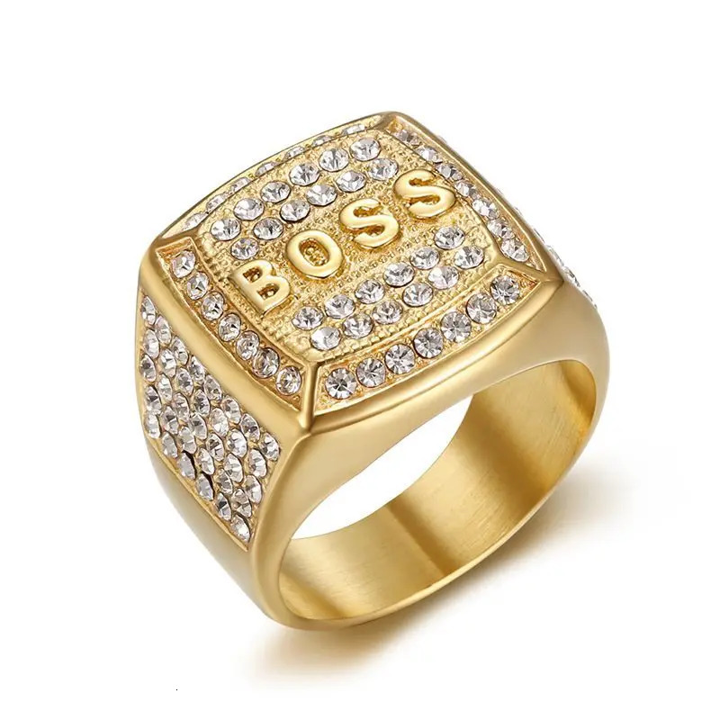 Hip Hop Bling Iced Out Stainless Steel BOSS Finger Rings for Men Rapper Jewelry Gold Silver Color Drop 250716