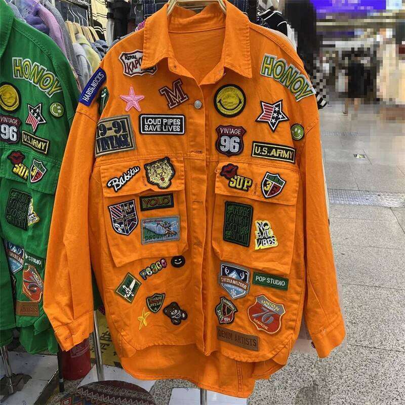 New Blue Jean Jacket Woman American Shirt Fashion Coats Letter Label Loose Denim Coat Medium Long Spring Autumn Tops