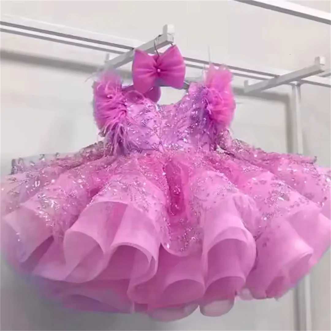 Feather Flower Girl Dresses for Wedding With Bow Pearls Appliques Knee Length Kids Birthday Dresses First Communion Gowns Z250716