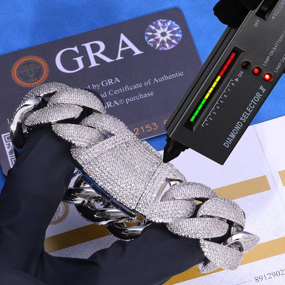 Wholesale 24mm Hip Hop S925 Silver VVS Moissanite Bracelet Blue Gemstone Cuban Chain Trend All-Match Mens Necklace Custom