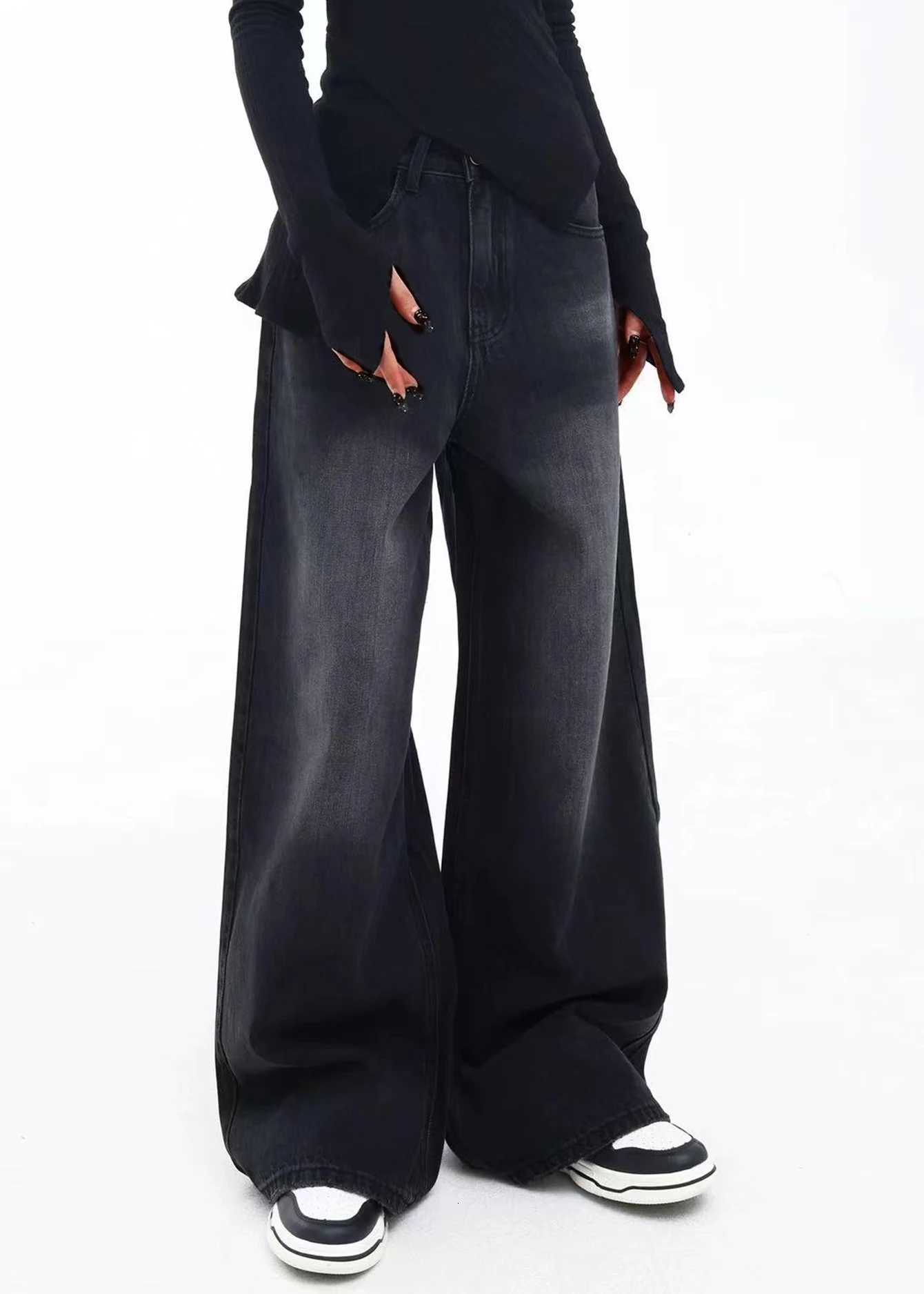 Teenage Girls Vintage Washed Black Long Jeans - Loose Casual Wide-Leg Straight-Cut Pants R250716