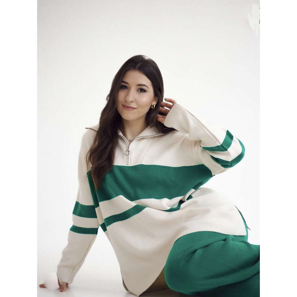 Style Loose Sweater For Women Thickened Autumn Winter Solid Color Zipper Top And Leg Pants Casual Two-Piece Set B5