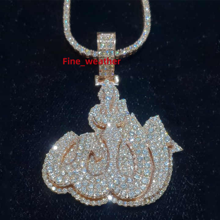 Hip Hop 925 Silver 18K Gold Plated Full Pave Vvs Moissanite Diamond Iced Out Allah Initial Chain and Pendant Silver Moissanite