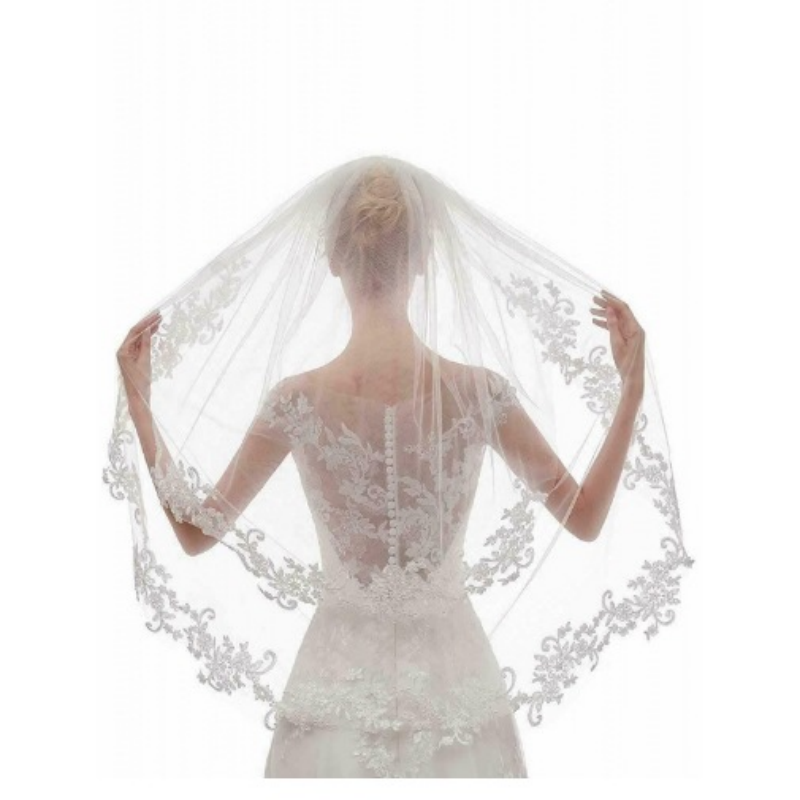 Elegant Bridal Wedding Lace Appliques Edge Bride Double layer Fingertip Length Wedding Veil Accessories