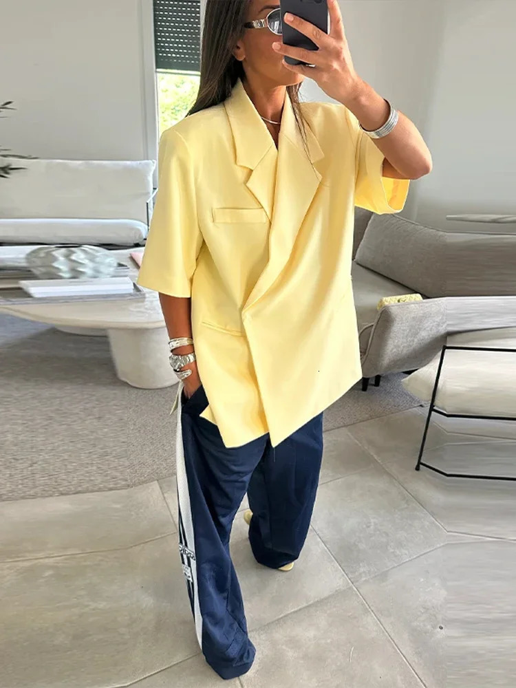 2025 Office Lady Solid Short Sleeve Lapel Blazer Jackets Women Casual V Neck Covered Button Suit Jacket Female Chic Street Coat 250715