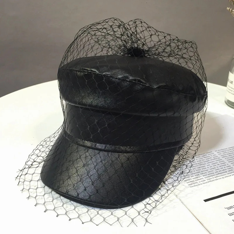 Spring and summer black PU lace veil sboy caps Fmale Flat top black Mesh letter multiple styles fashion hats 250716