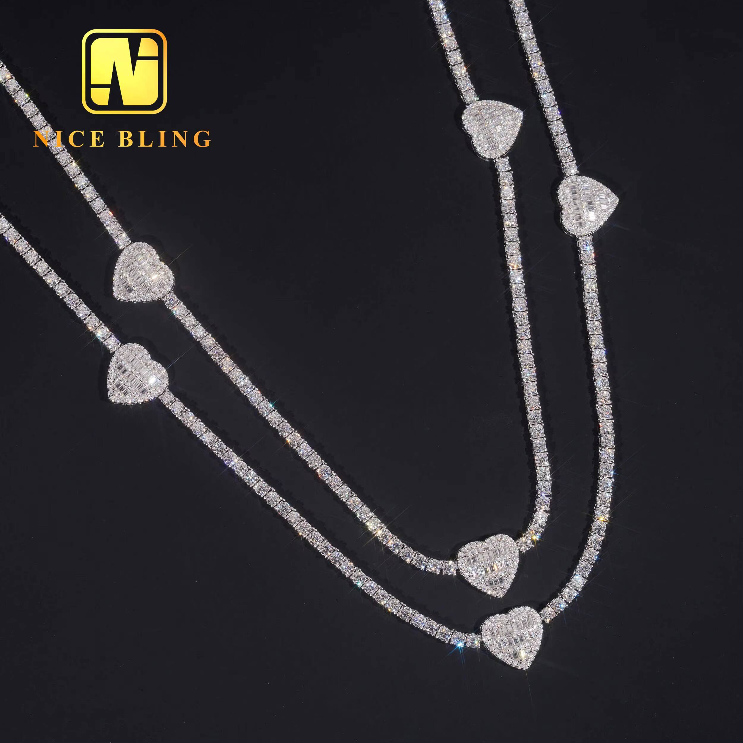 GRA Certificate Elegant Women Gift Jewelry 3mm 925 Sterling Silver Iced Out VVS1 Moissanite Diamond Heart Cluster Tennis Chain